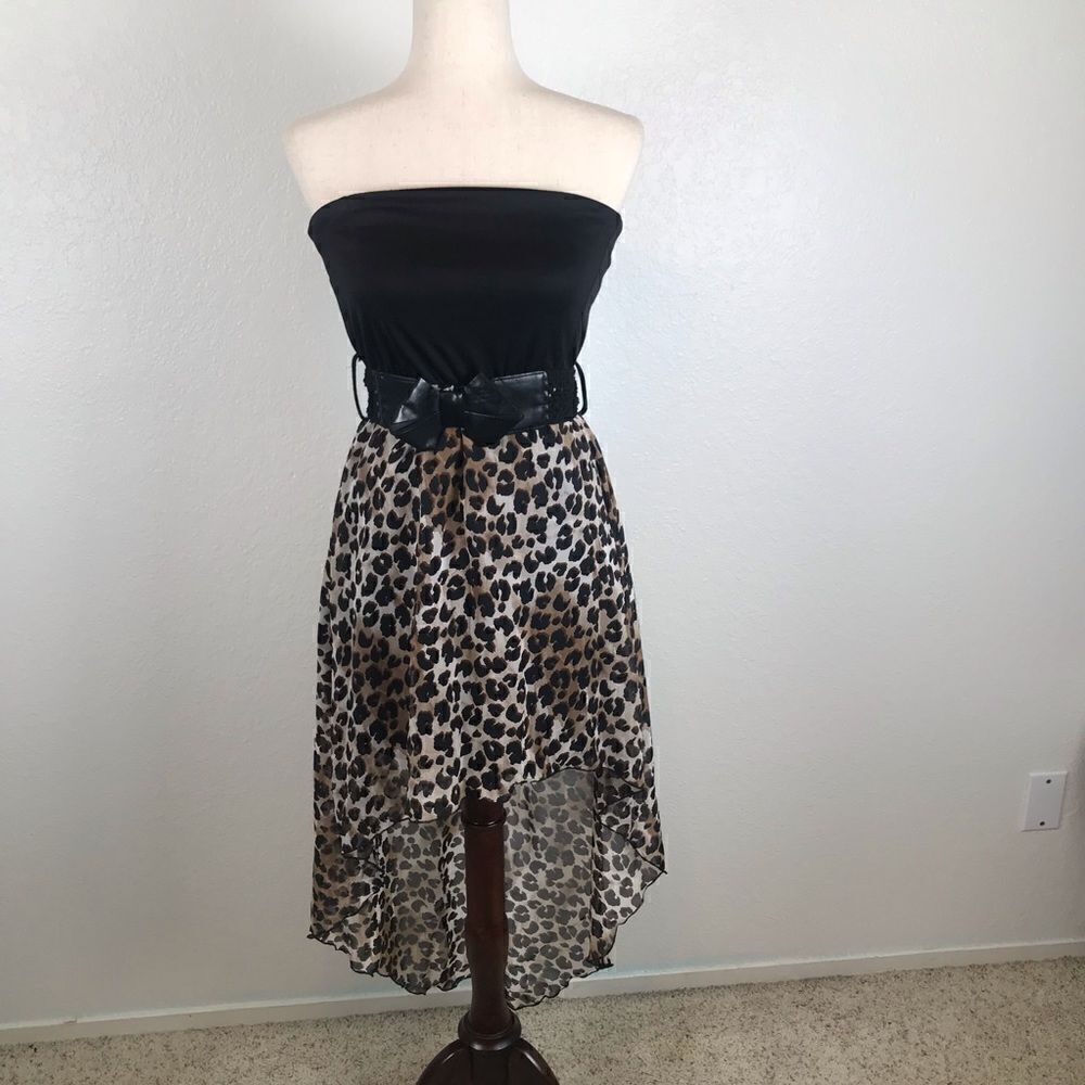 Vintage Y2K strapless bow embellished belted Hi/low leopard print mini dress